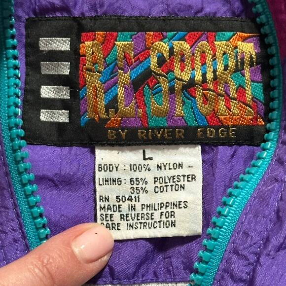 R.E. Sport Rivers Edge Windbreaker Bomber Jacket 80's Retro Purple Teal Large - Picture 4 of 7